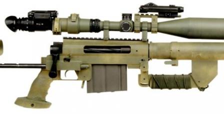 Close-up view on the receiver and controls of the CheyTac Intervention M200rifle. Note large carrying handle under the barrel sleeve, and the scope fittedwith IR night vision module and IR laser.