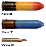 XM-29 OICW ammunition - HE (High Explosive) ant TP (target practice) rounds for 20mm unit and KE (Kinetic Energy) 5.56mm NATO round.