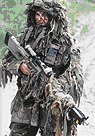 Military sniper with it's gear and camo suit