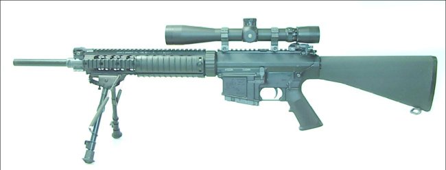US Navy / USMC Mark 11 Model 0 (Mk.11 Mod.0) sniper rifle system, with 10-round magazine, daylight telescope sight and bipod.