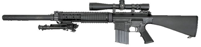 US Navy / USMC Mark 11 Model 0 (Mk.11 Mod.0) sniper rifle system, with 20-round magazine, daylight telescope sight and installed quick-detachable sound suppressor.