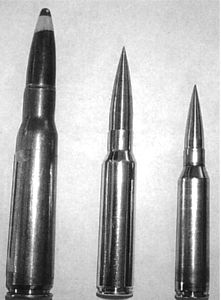 .408 CheyTac cartridge (middle) compared to .50BMG (left) and .338Lapua (right).