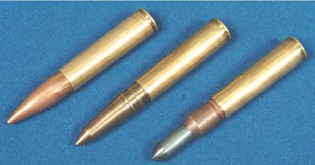 12.7x54mm special subsonic ammunition for VKS / VSSK "Vychlop" system, L to R: STs-130PT (sniper), STs-130PT2 (sniper with solid bronze bullet), STs-130VPS (high penetration / armor piercing).