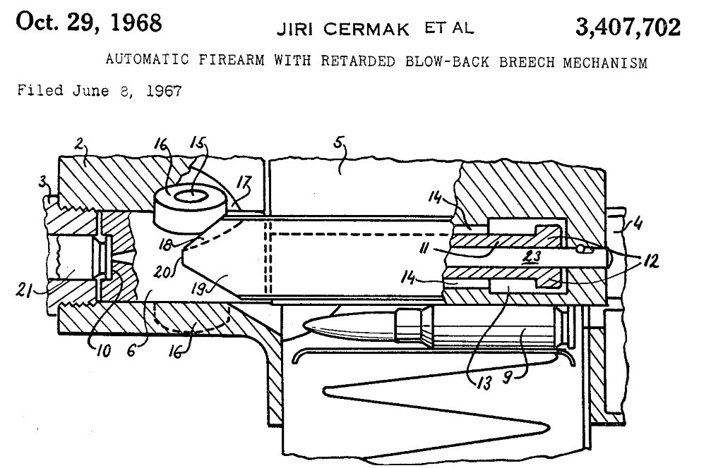 patent diagram for delayed blowback system used in URZ rifle and machine gun